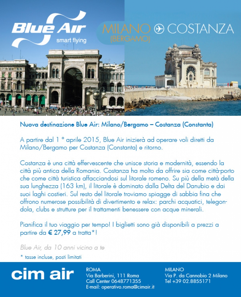 Blue Air: partono dal 1° aprile 2015 i voli diretti Milano Bergamo-Costanza