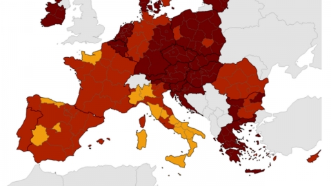 Europa "rossa" per i contagi Covid. Solo Spagna ed Italia in area gialla. Germania ed Europa dell'Est a rischio elevato