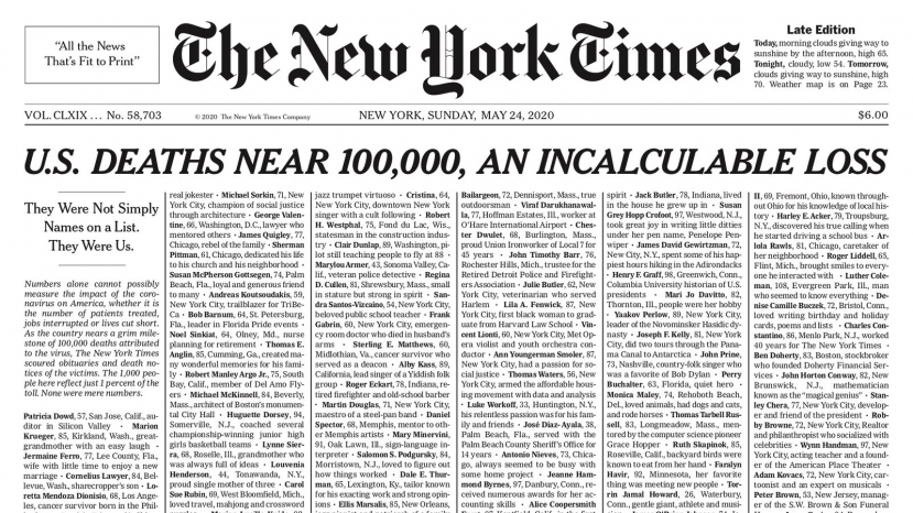 Morti Covid, il New York Times dedica la prima pagina alle vittime: sono più di tre guerre